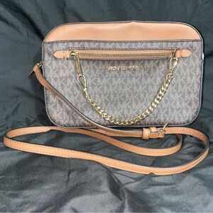 Michael Kors Tan and Brown Crossbody Bag with Gold Chain